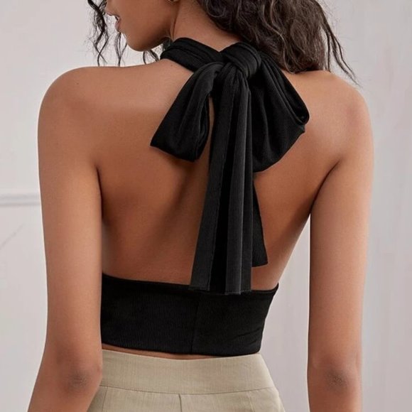 Boho black Ribbed Summer Wrap Crop Halter Top - Picture 2 of 7